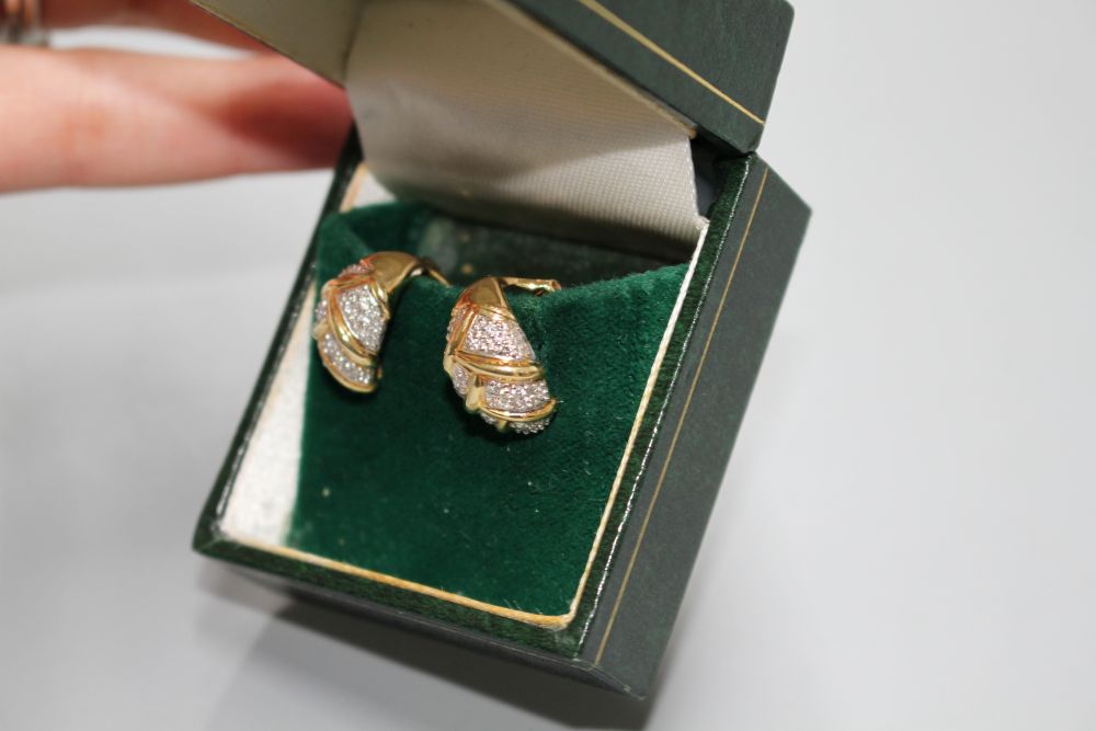 A pair of modern 18ct gold and pave set diamond cluster demi-lune earrings,